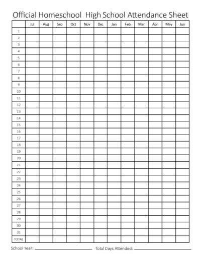 Homeschool 180 Day Attendance Printable Chart